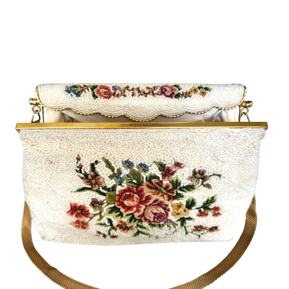 Vintage Denise Francelle Red Mini Bag Floral White Beaded Evening Bag - Picture 5 of 12